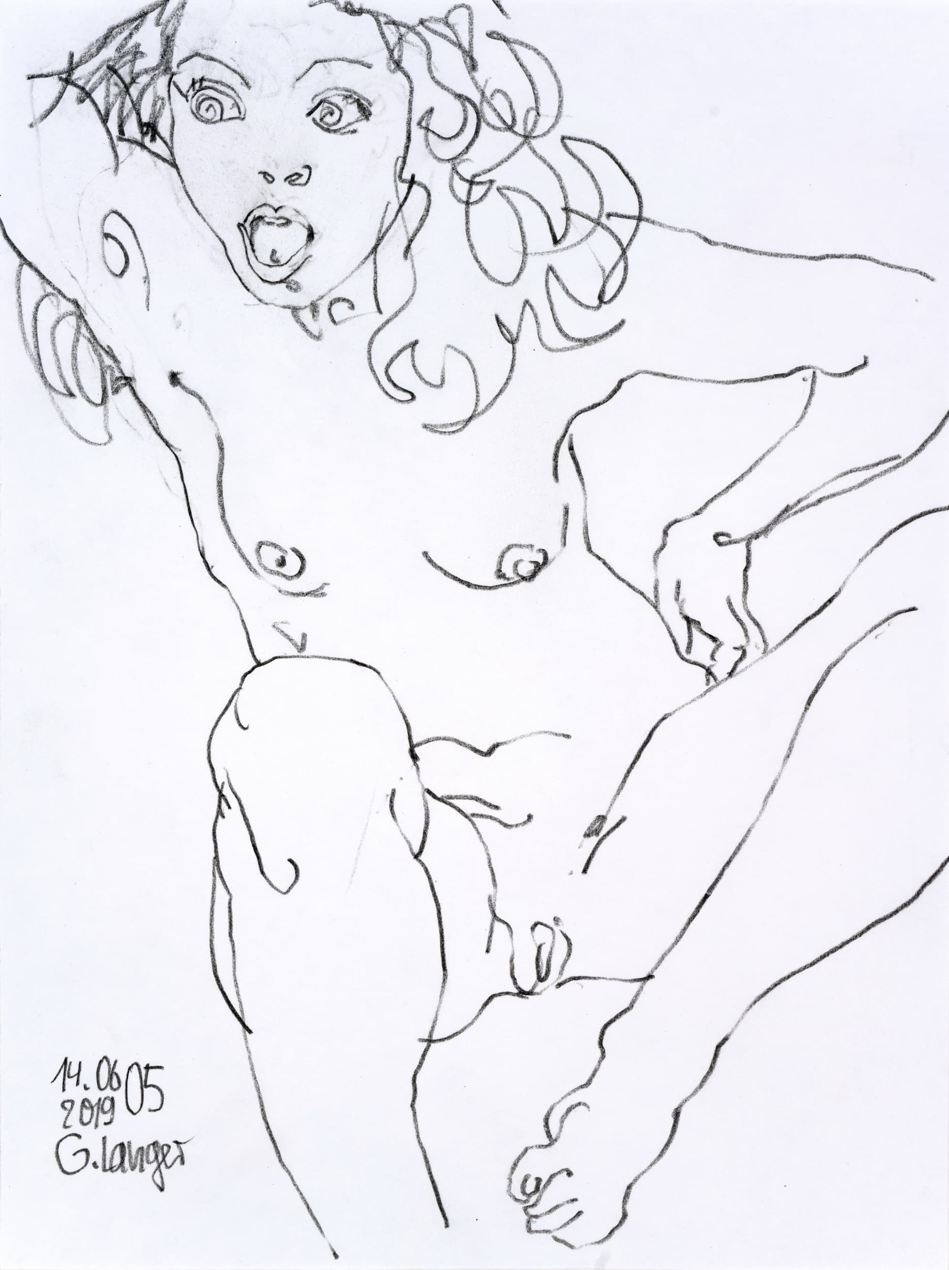 Gunter Langer, weiblicher Akt, sitzend, rufend, 2019, Zeichnung, Karton, 40 x 30 cm